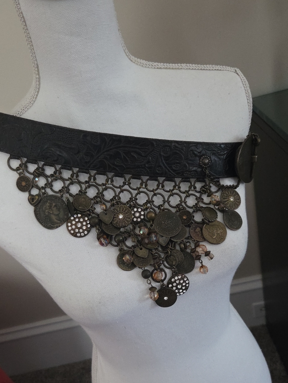 Suzi Roher Vintage Black Leather Belt with Antique Charms